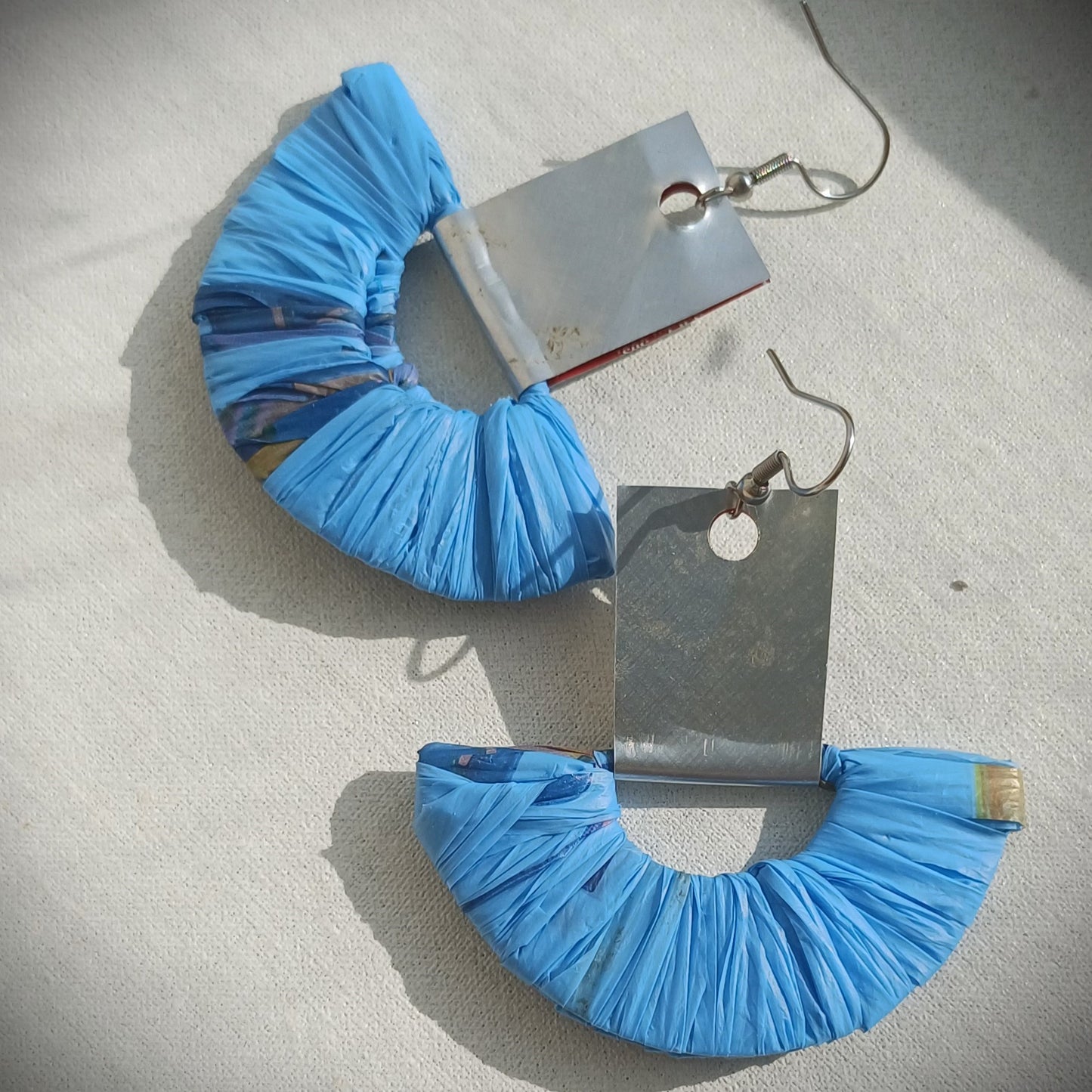 Blue and Silver Ecofriendly Earrings From Upcycled Plastic Bags for Sustainable Fashion