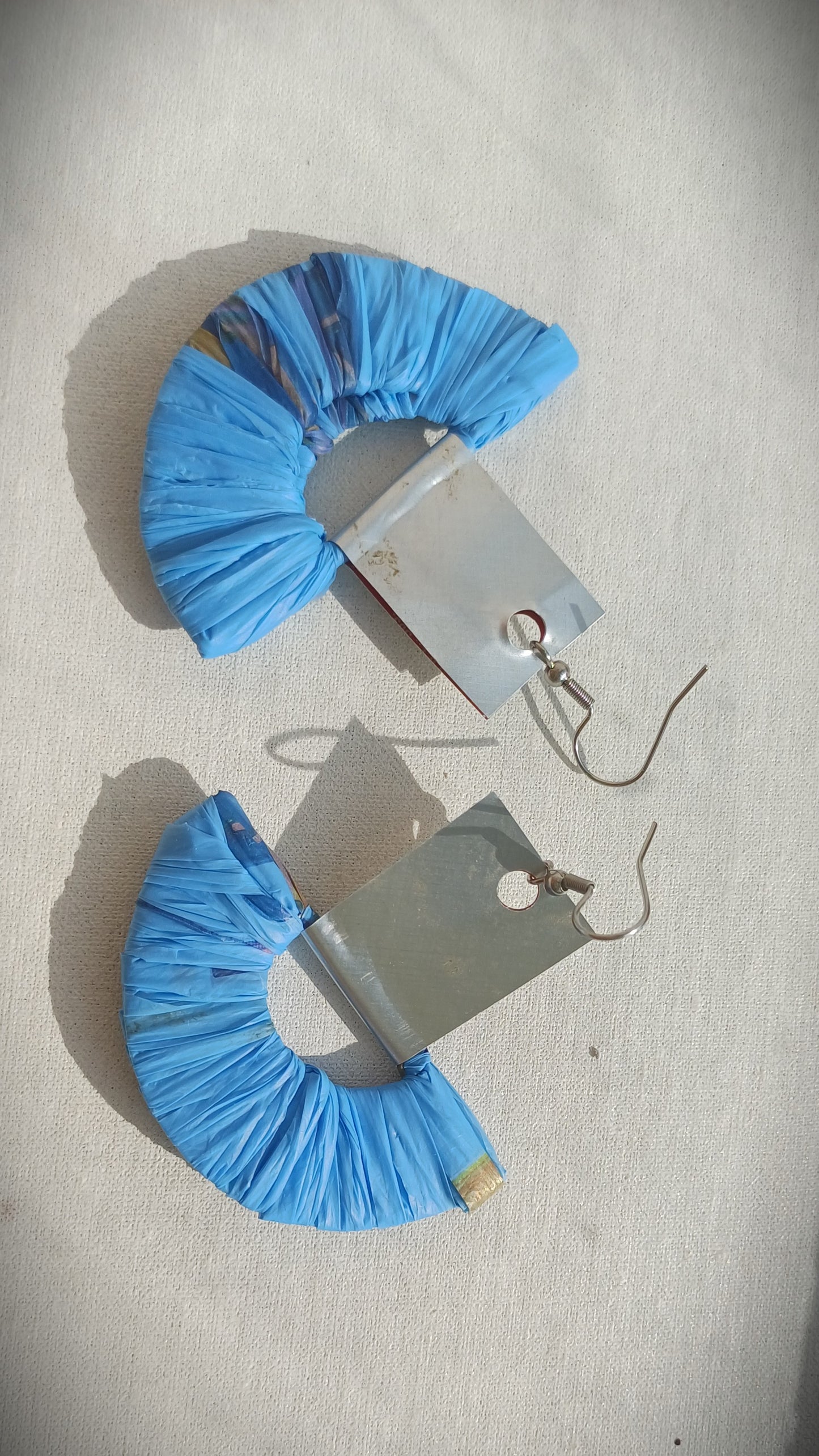 Blue and Silver Ecofriendly Earrings From Upcycled Plastic Bags for Sustainable Fashion