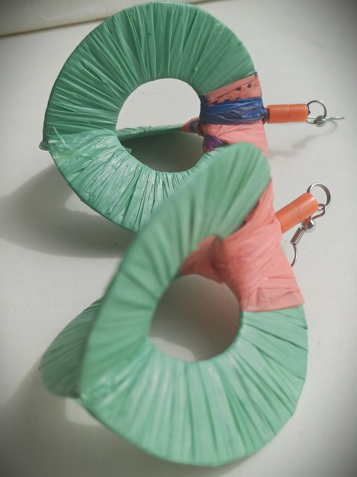 3D Green and Pink Hoops PungaGlow Eco Earrings Upcycled Jewelry