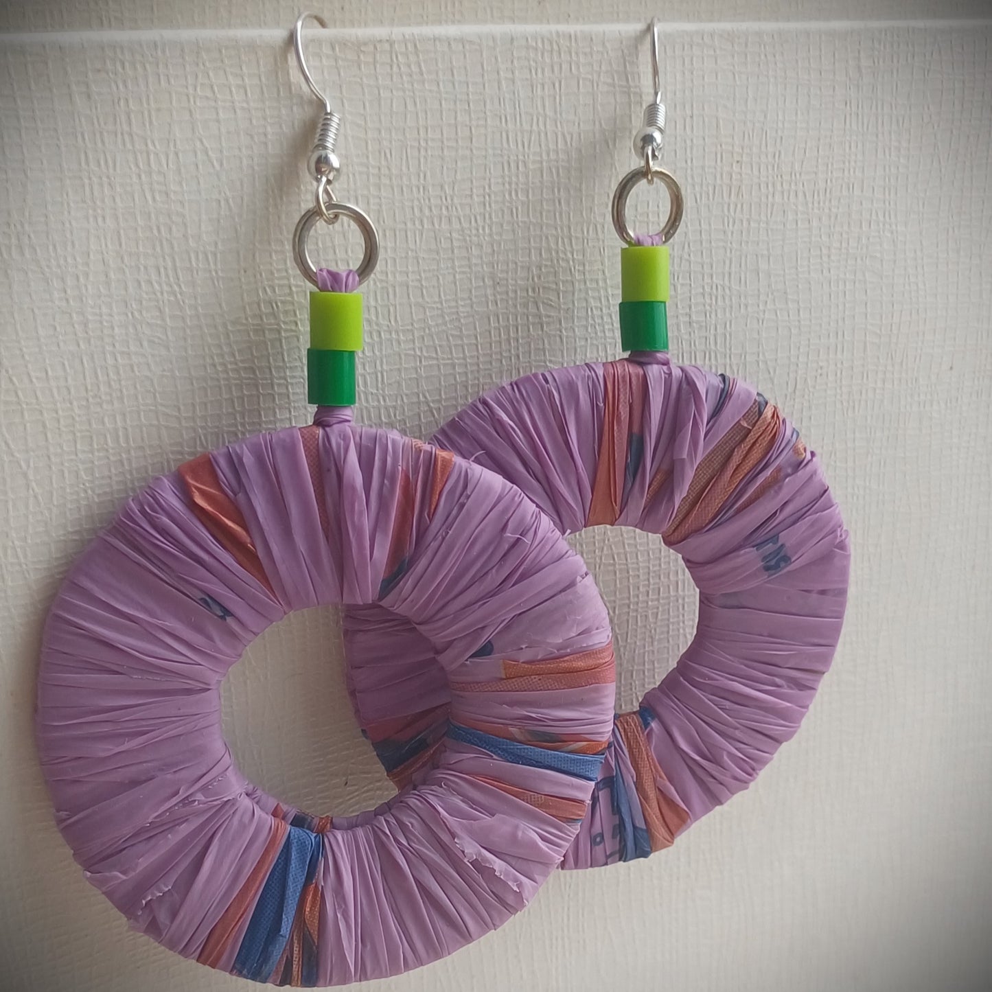 Purple Eco Earrings with Green Accents- PungaGlow Upcycled Jewelry