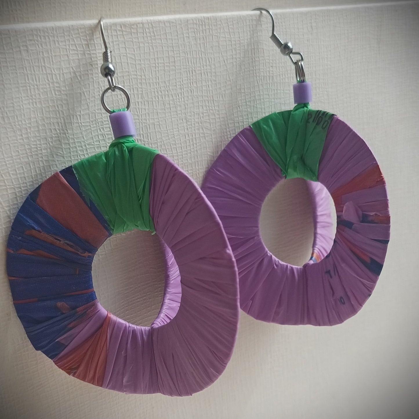 3D Purple Green Hoops PungaGlow Eco Earrings Upcycled Jewelry