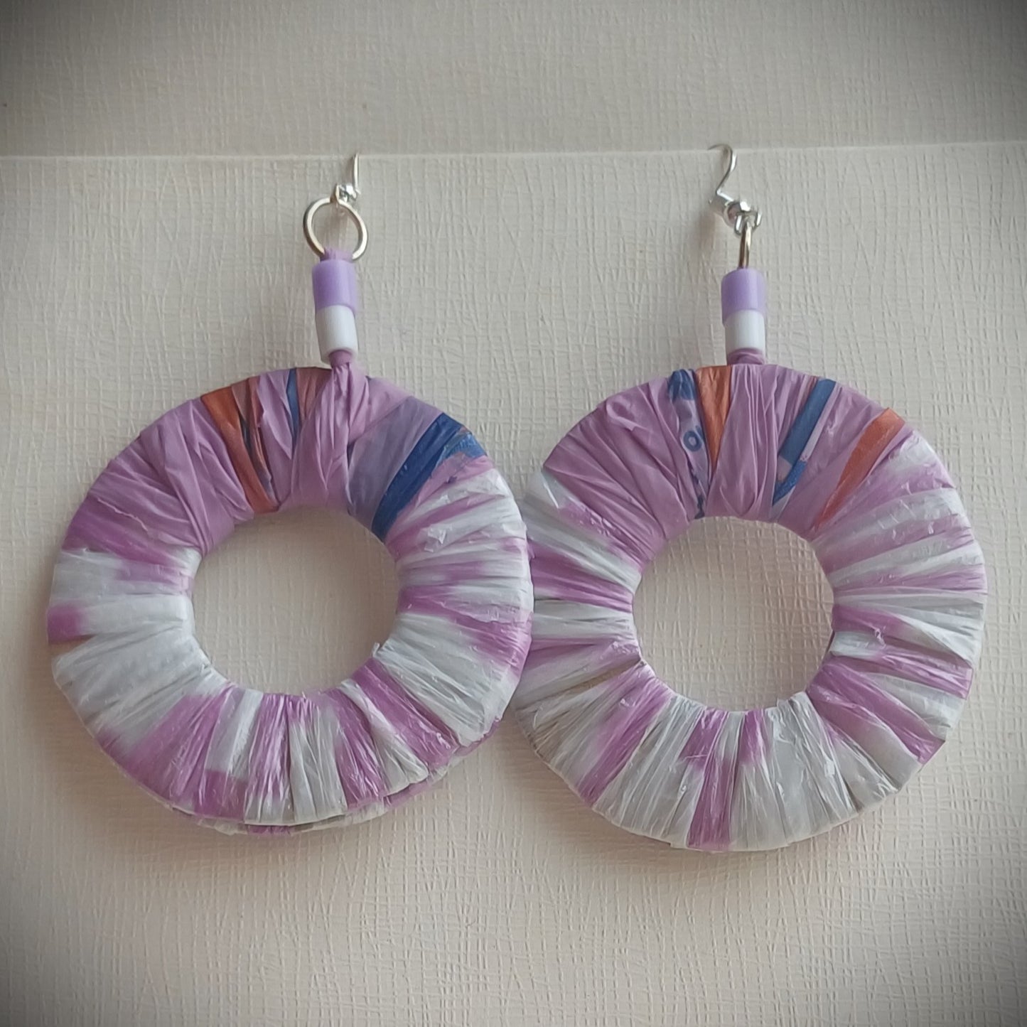 PungaGlow Purple and White Hoops Eco Earrings Upcycled Jewelry