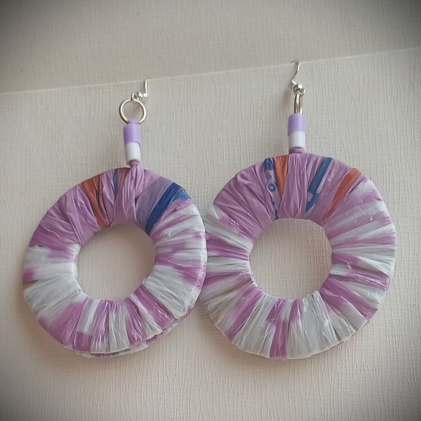 PungaGlow Purple and White Hoops Eco Earrings Upcycled Jewelry