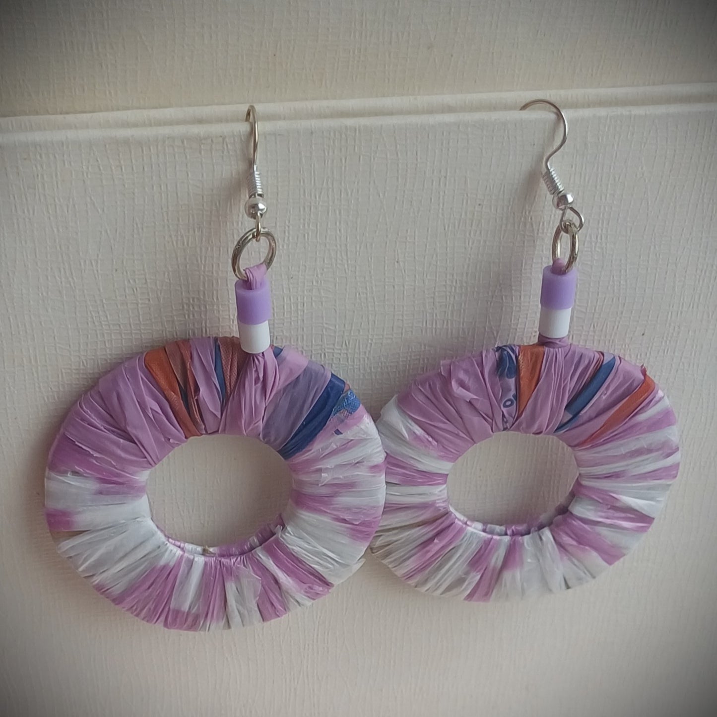 PungaGlow Purple and White Hoops Eco Earrings Upcycled Jewelry