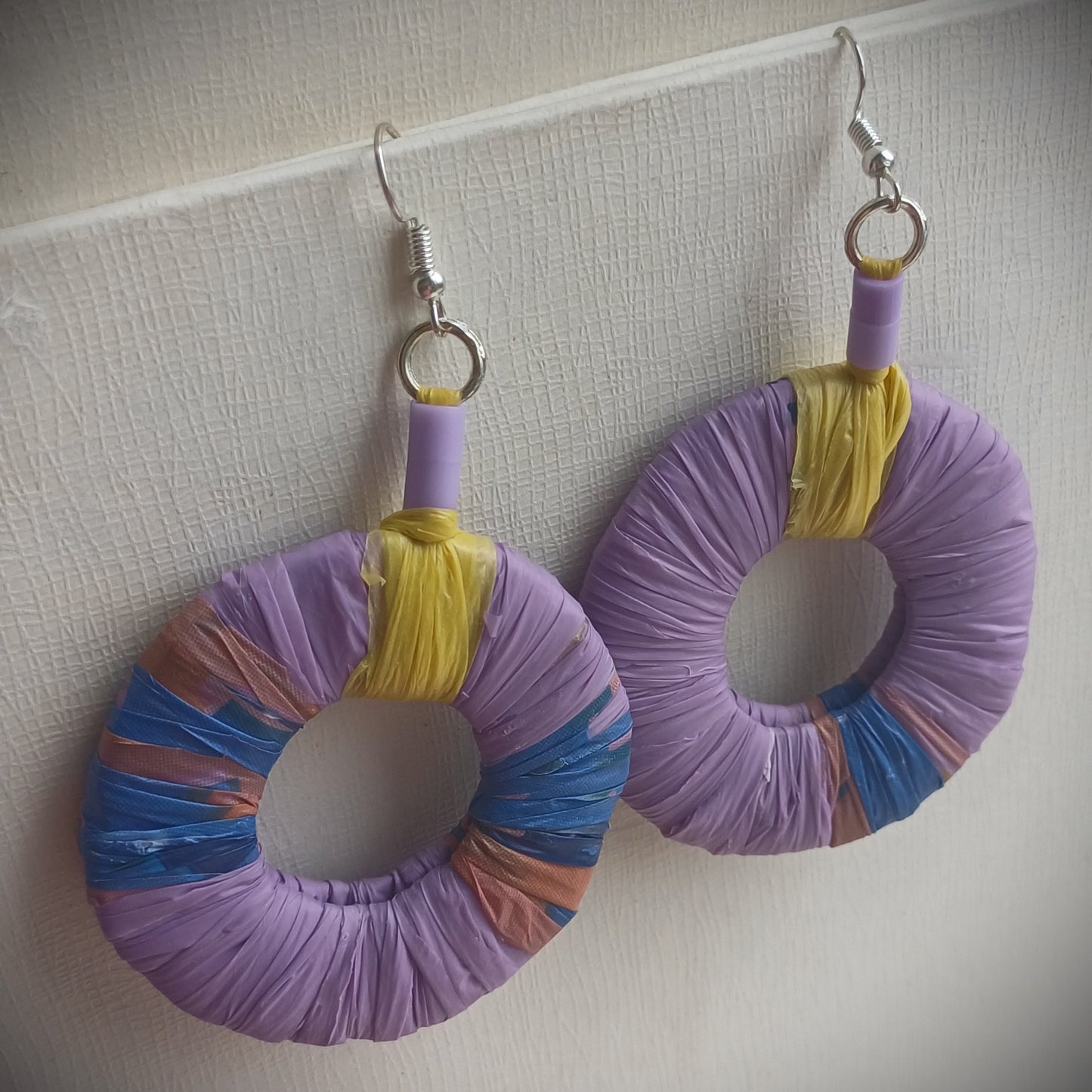 Purple Eco Earrings with Yellow Accents- PungaGlow Upcycled Jewelry