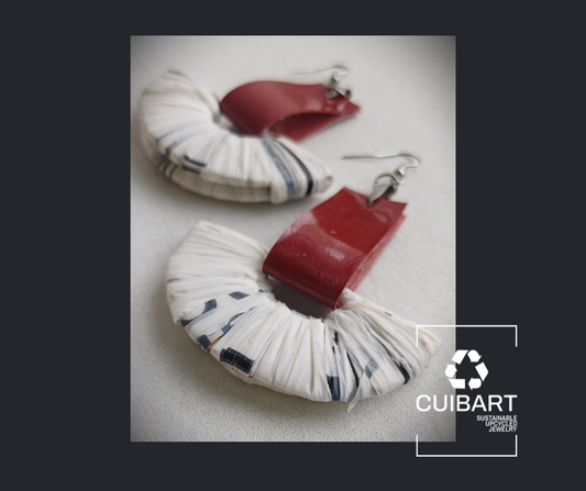 White and Red Ecofriendly Earrings From Upcycled Plastic Bags for Sustainable Fashion