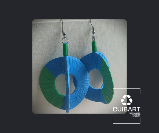 3D Electric Blue and Green Hoops PungaGlow Eco Earrings Upcycled Jewelry