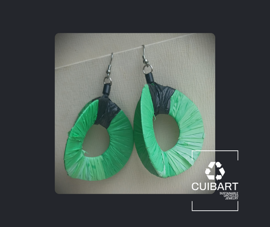 3D Green Hoops with Black Accents PungaGlow Eco Earrings Upcycled Jewelry