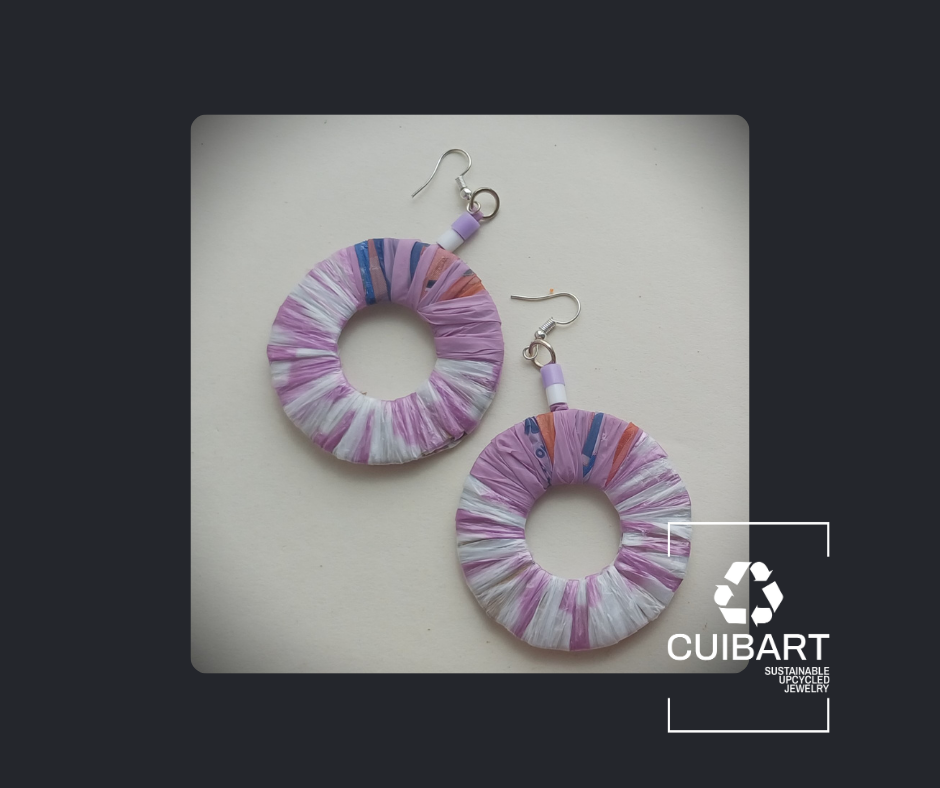 PungaGlow Purple and White Hoops Eco Earrings Upcycled Jewelry