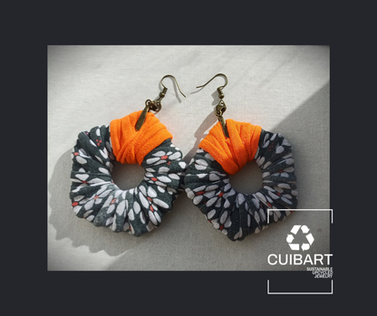 Gray Orange Flowery ReviveWeave PentaHoops - Ecofriendly Earrings Upcycled Jewelry