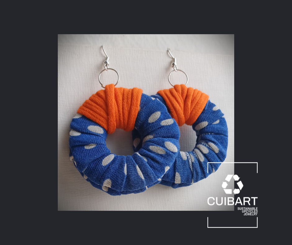 Blue Orange Polka ReviveWeave Hoops Ecofriendly Earrings Upcycled Jewelry