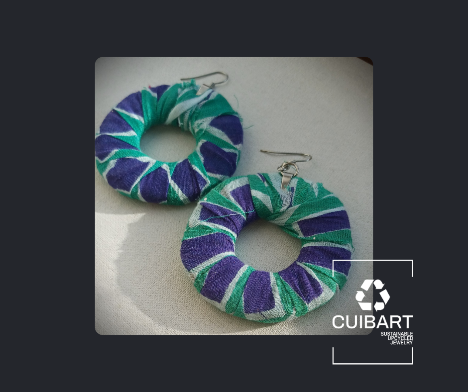 Green and Blue Geometrical Print Ecofriendly Earrings ReviveWeave Hoops Upcycled Jewelry