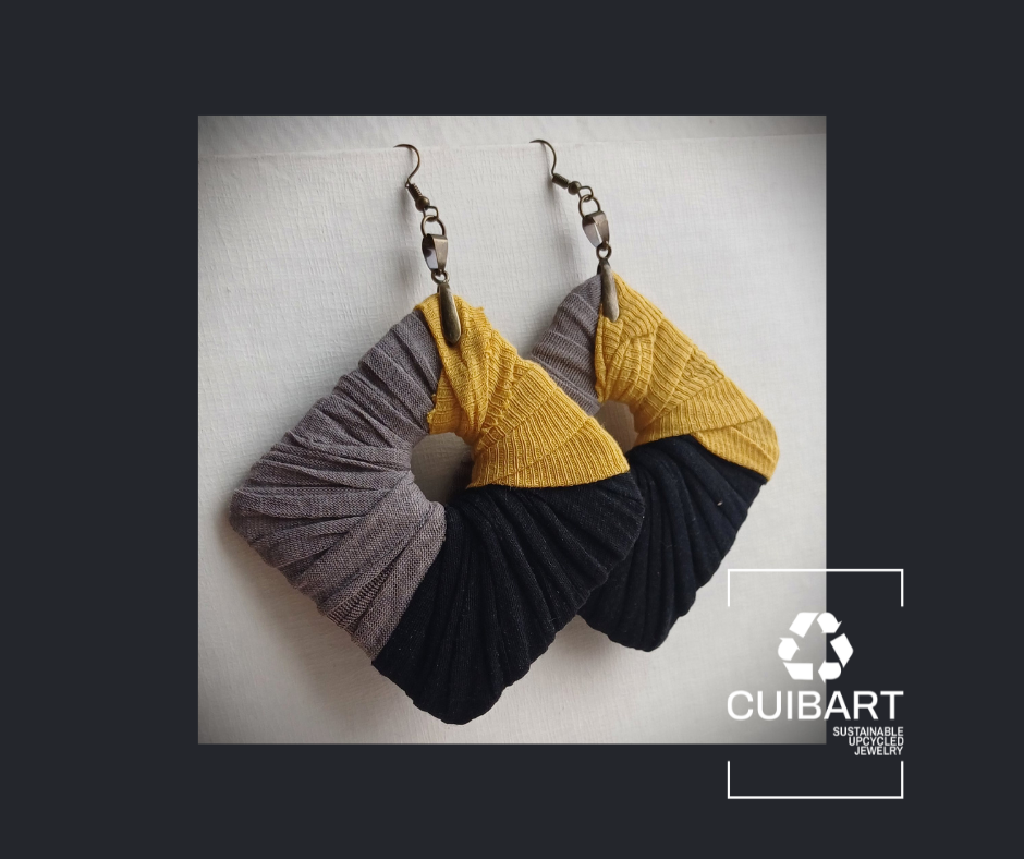 Gray, Black and Yellow Ecofriendly Earrings ReviveWeave Jumbo Squares Upcycled Jewelry