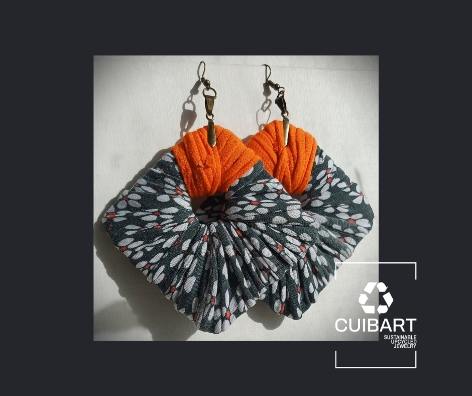 Gray and Orange Flowery ReviveWeave Jumbo Squares - Ecofriendly Earrings Upcycled Jewelry