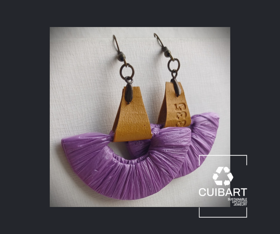 Purple and Yellow Ecofriendly Earrings From Upcycled Plastic Bags for Sustainable Fashion