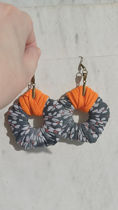 Gray Orange Flowery ReviveWeave PentaHoops - Ecofriendly Earrings Upcycled Jewelry