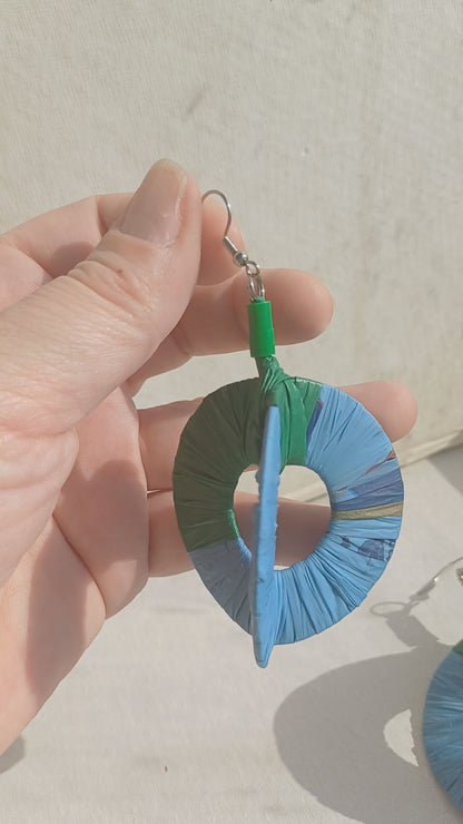 3D Blue & Green Hoops PungaGlow Eco Earrings Upcycled Jewelry